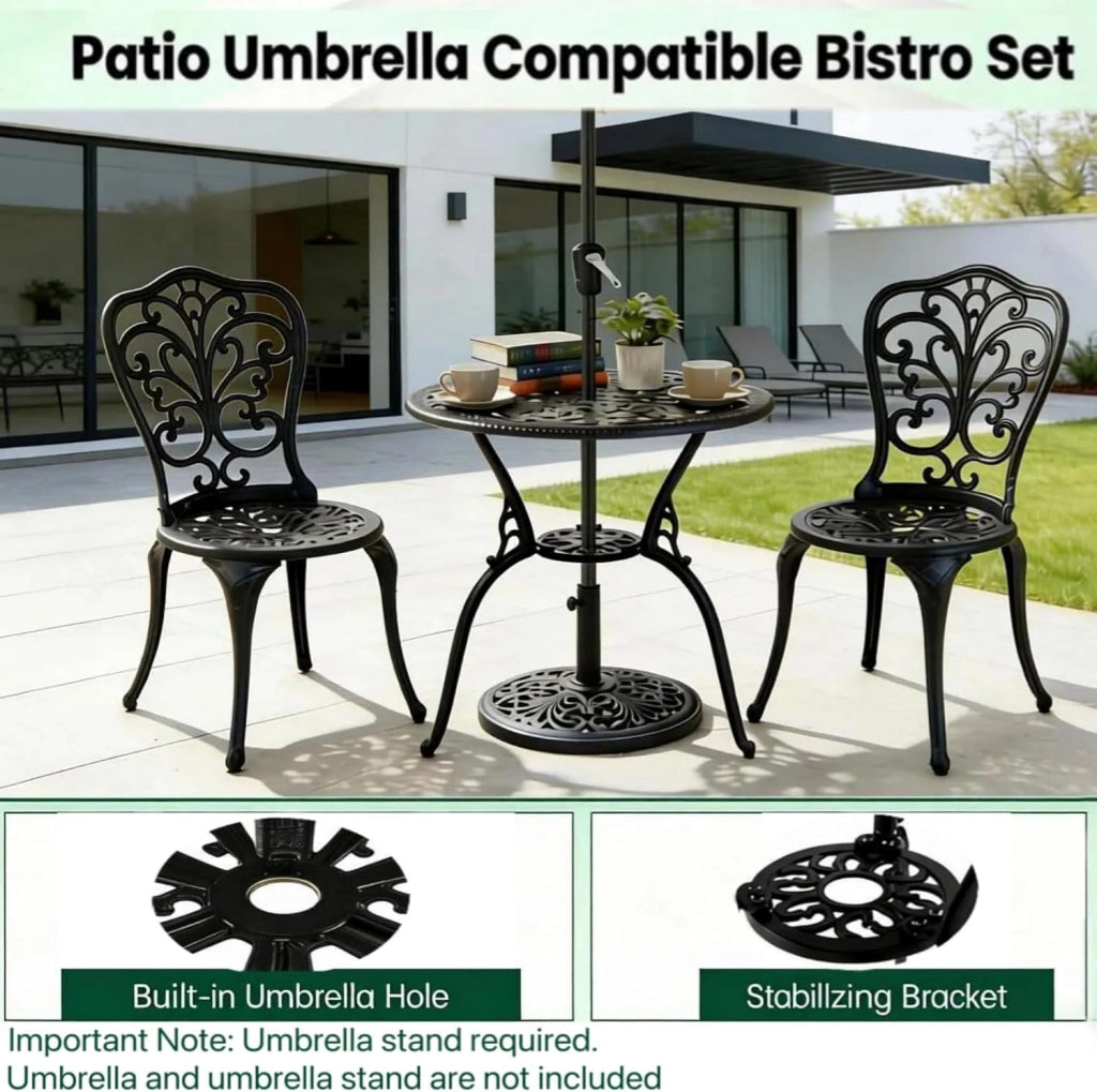 Soggiorno da giardino a 2 posti, tavolo da esterno e 2 sedie con schienale in alluminio pressofuso, foro per ombrellone, stile vintage, mobili da giardino 3 pezzi per terrazza, balcone, patio