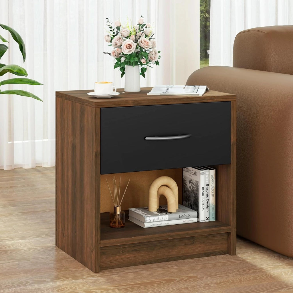 COSTWAY Comodino 38,5 x 28 x 40,5cm in Legno, Tavolino Salvaspazio con Scomparto Aperto e Casseto per Soggiorno e Camera da Letto (Marrone+Nero)