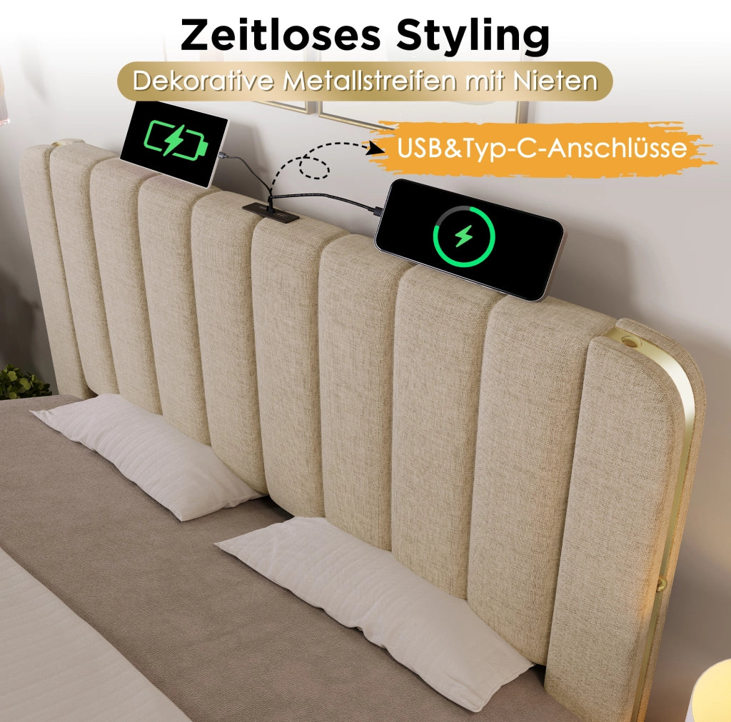 Letto singolo imbottito 90x200 cm beige con 4 cassetti e USB-C