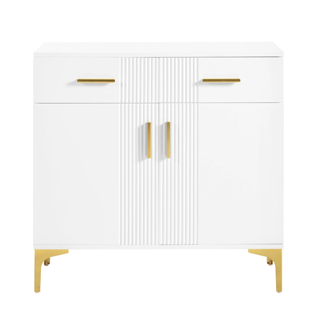 Credenza moderna bianca con 2 ante e 2 cassetti, struttura in MDF, sistema antiribaltamento, 80 x 35 x 79,5 cm