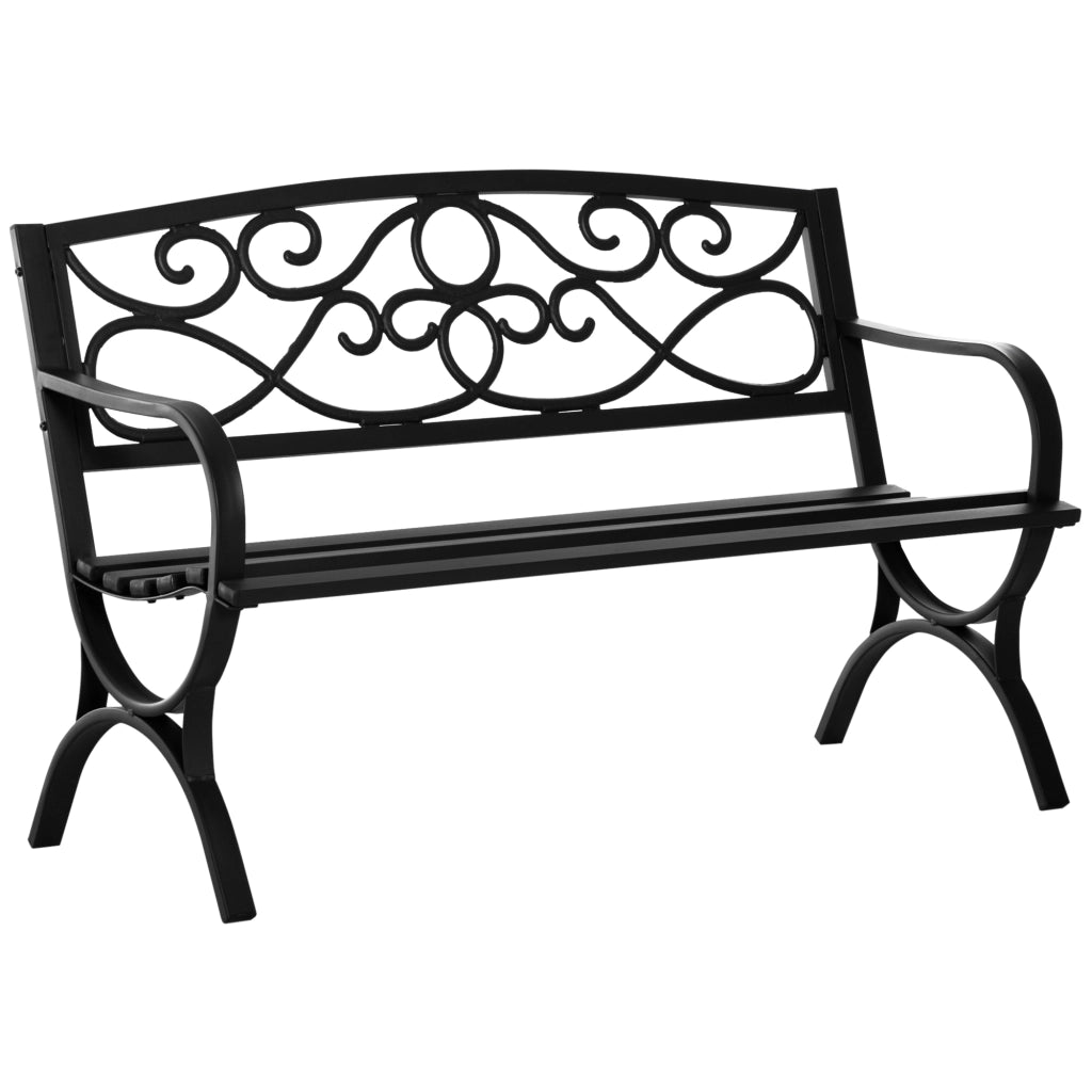 Panchina da Giardino 2 Posti in Acciaio e Ghisa con Braccioli e Decorazione. 128x58.5x85cm. Nero