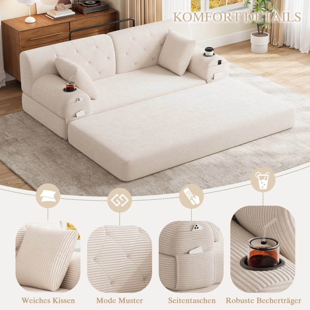 Divano letto compatto 2 posti con schienale alto, tasche laterali e portabicchieri in tessuto cord beige