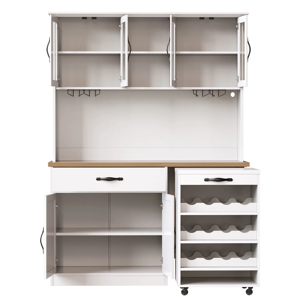 Credenza 140x38x180 cm con carrello estraibile; illuminazione LED regolabile; MDF e metallo; bianco