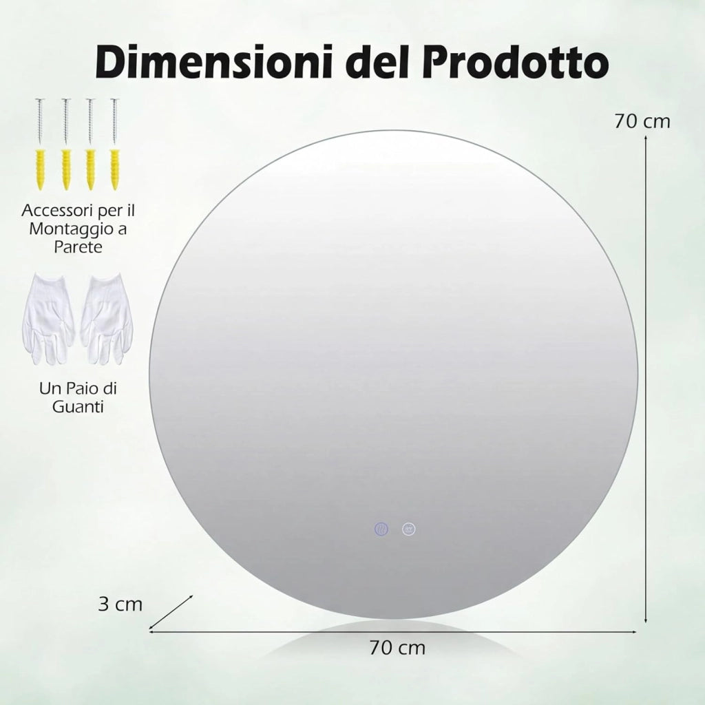 Specchio Rotondo LED da 70 cm, Specchio da Bagno da Parete con Luminosità Regolabile, Retroilluminato Morbido, Vetro Temperato con Funzione Memoria e Anti-Appannamento (70 cm x 3 cm)