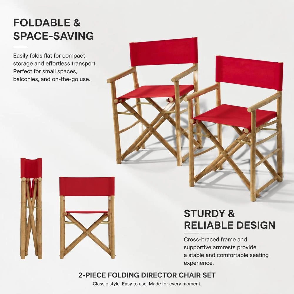 Folding DirectorFTs Chairs, 2 Pieces, Red, Bamboo And Fabric