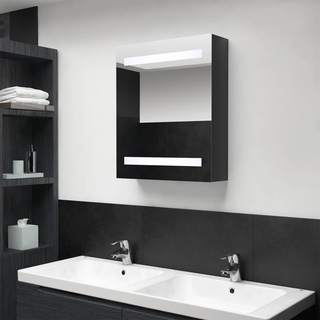 Armadietto Bagno | Armadio da bagno con Specchio e LED Nero Lucido 50x14x60 cm