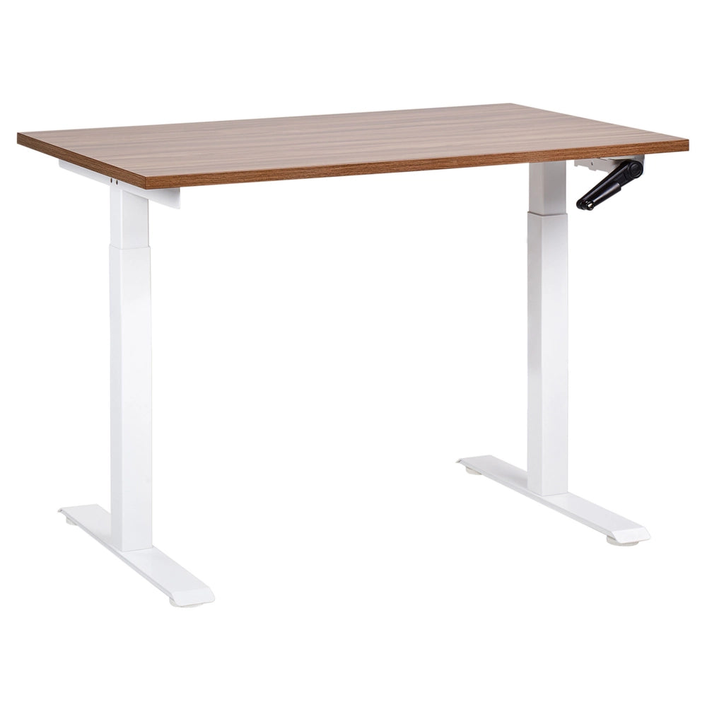 Scrivania regolabile manualmente in altezza Piano del tavolo marrone scuro Telaio in acciaio bianco 120 x 72 cm Piedi quadrati Design moderno Ufficio