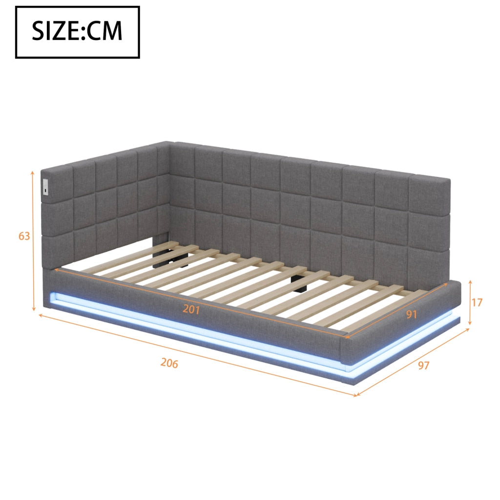 Divano letto imbottito 90x200 con LED; USB; rete a doghe; lino grigio