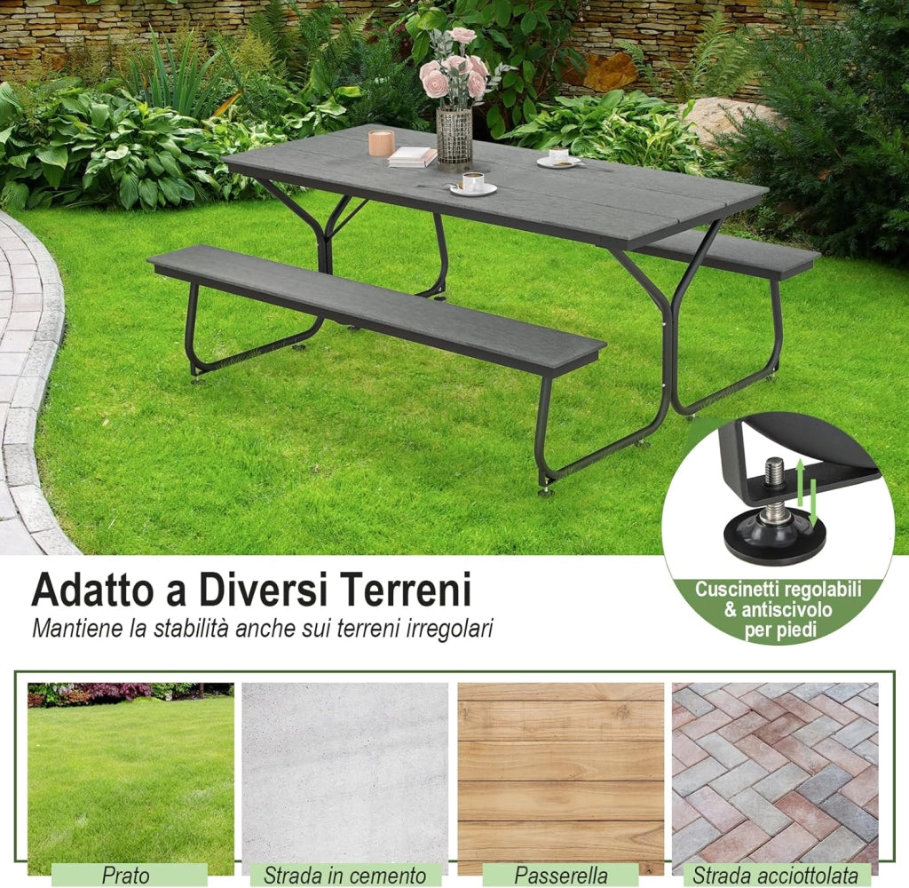 Tavolo da Pranzo 183 CM con 2 Panche per 8 Persone, Set da Picnic in Metallo e HDPE con Foro per Ombrellone, per Giardino Terrazzo (Grigio)