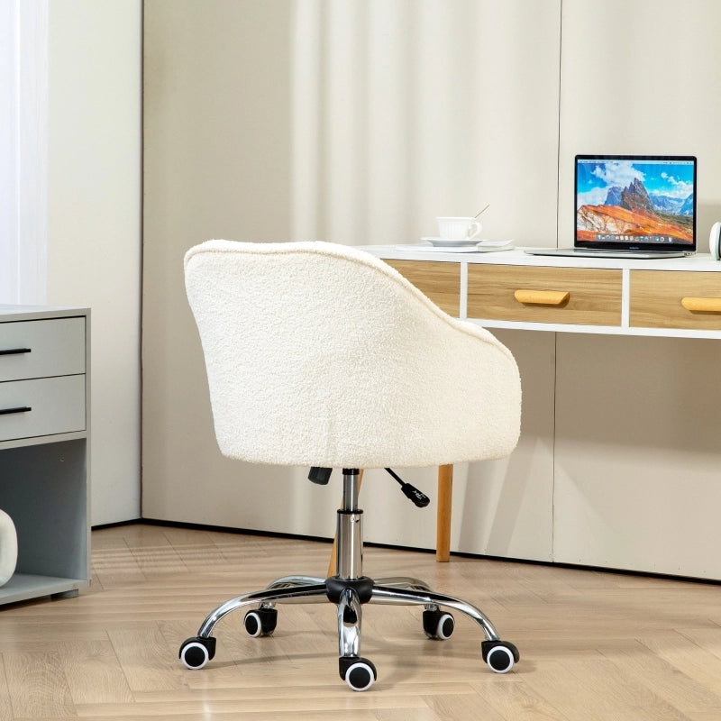 Sedia da ufficio girevole ergonomica con altezza regolabile e rotelle in tessuto teddy bianco crema