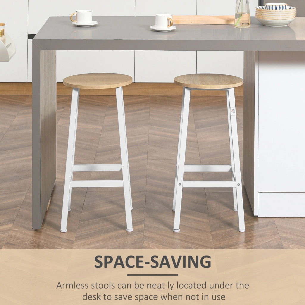 Set 2 Sgabelli da Cucina con Piano Liscio e Poggiapiedi 32,5x32,5x65 cm in Truciolato e Acciaio Bianco