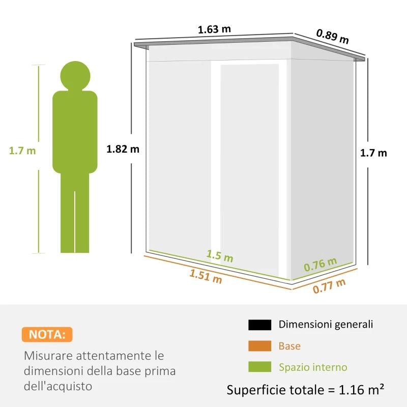 CAPANNO ATTREZZI CON TETTO INCLINATO E PORTA SCORREVOLE, IN ACCIAIO E PP, 163X89X182 CM, GRIGIO CHIARO