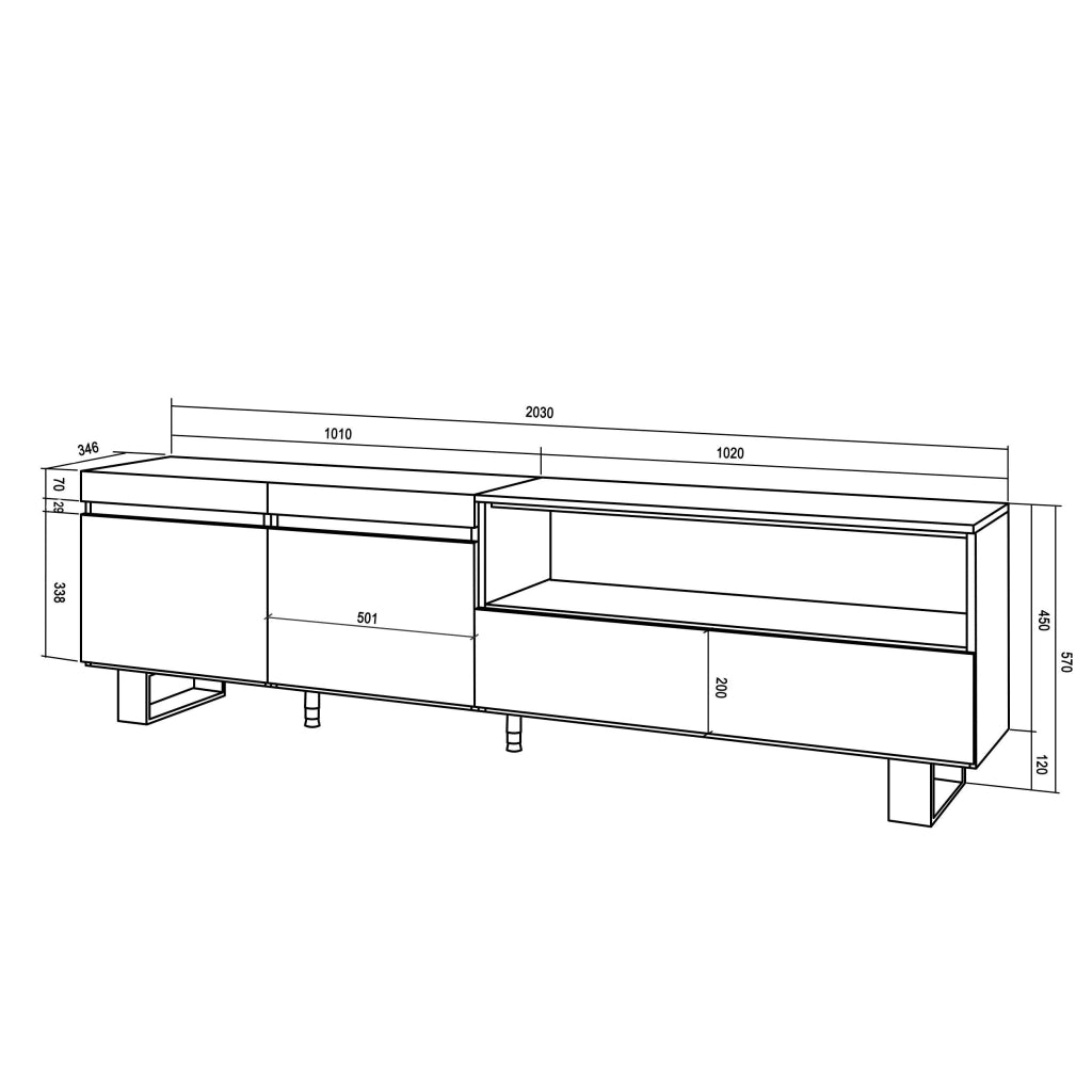Mobile TV, 200x35x57cm, soggiorno, Per TV fino a 80", Design industriale, Nero RF2191