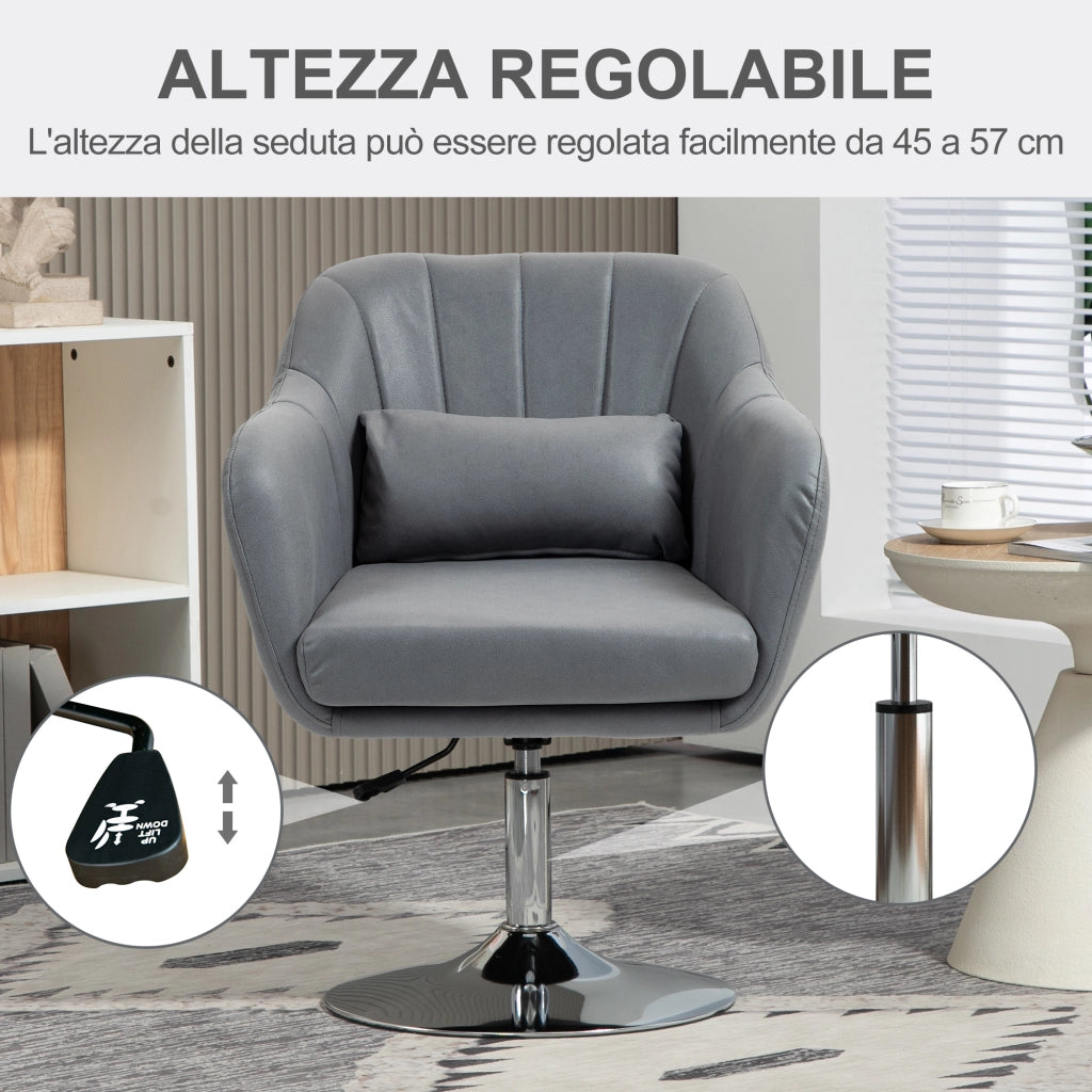 Poltrona Girevole con Cuscino Lombare 60x60x79-91 cm in Tessuto Tecnico Grigio