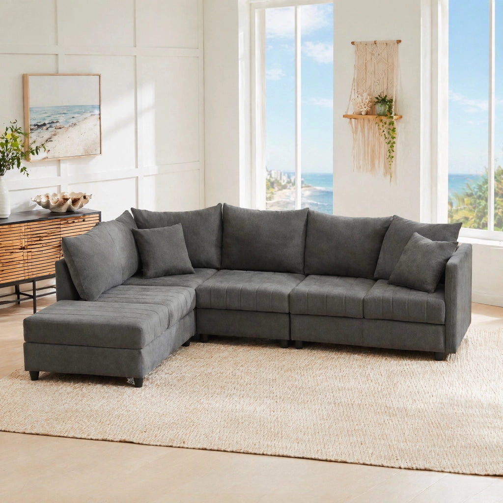 Divano angolare convertibile 5 posti con pouf mobile e braccioli, in effetto lino Grigio