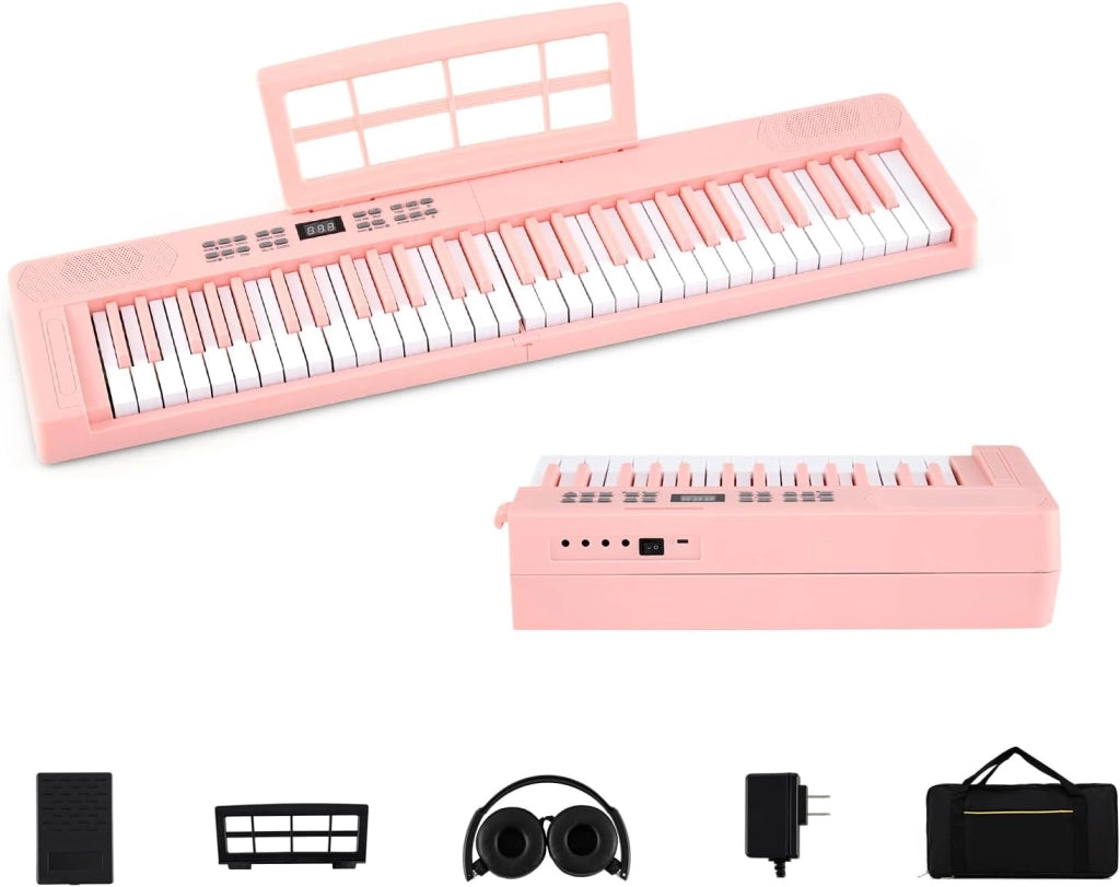 Pianoforte digitale pieghevole a 61 tasti, tastiera con auricolari, pedale, leggio, pianoforte digitale con 128 suoni e ritmi, tastiera per pianoforte con tasca (bianco)