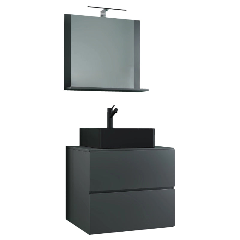Luce di Ezooza Mobile Sospeso con 2 cassetti Large con lavabo in ceramica di alta qualità e specchio, Antracite , lavabo Nero