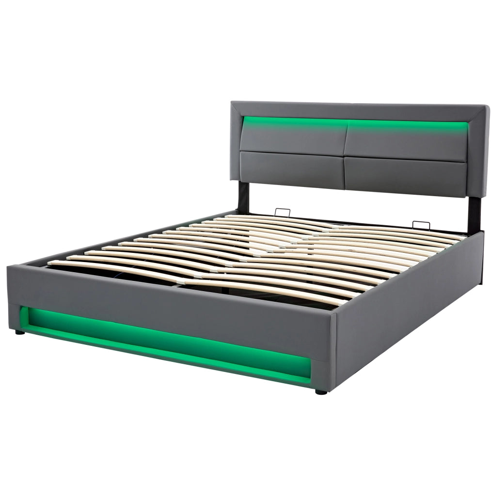 Letto imbottito matrimoniale 140x200 cm in PU grigio con USB; LED e contenitore