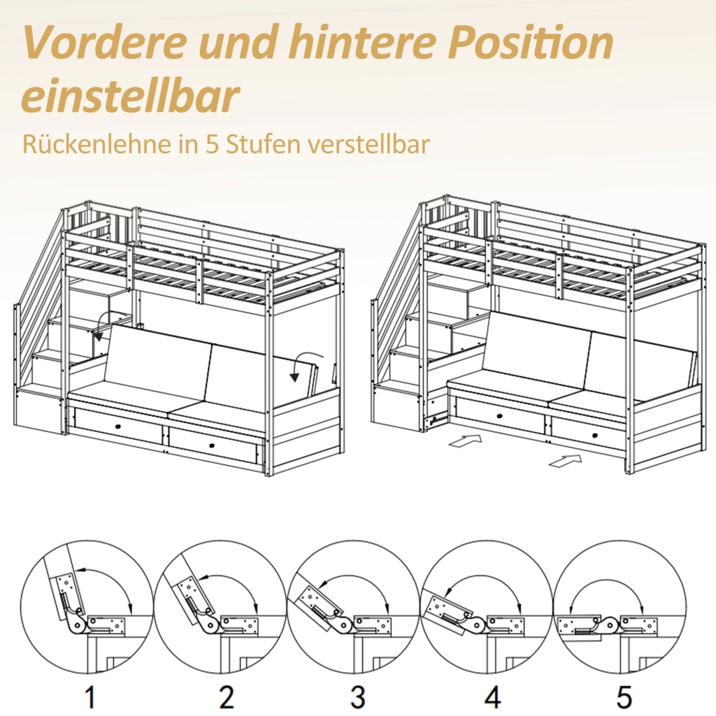 Letto a soppalco 90 × 200 cm con divano regolabile, armadio a scala e 2 cassetti, senza materasso, bianco