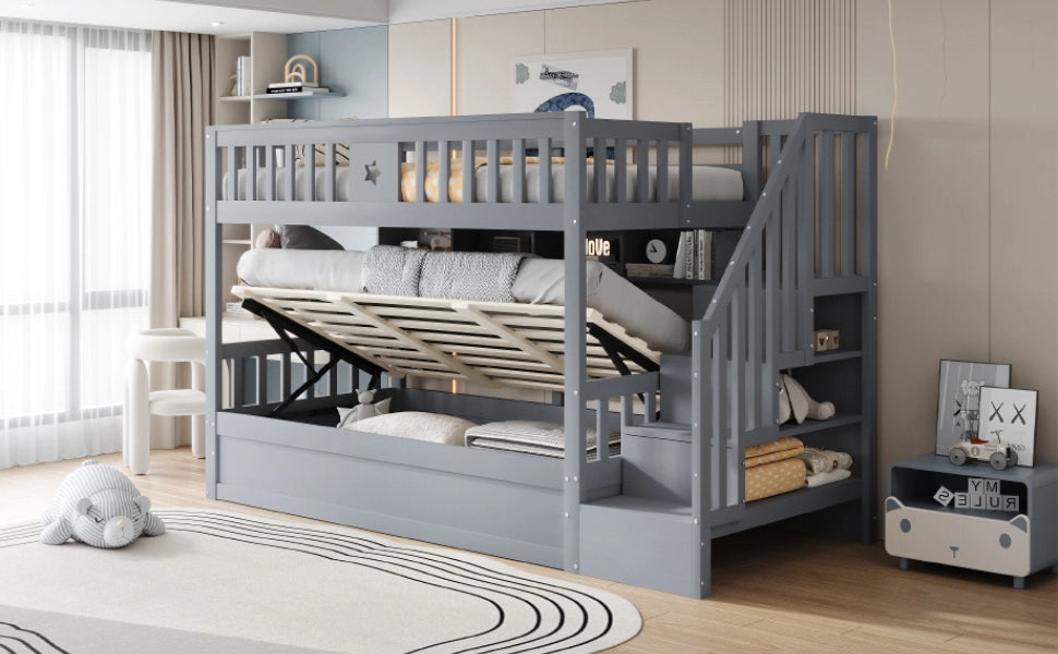 DESMIU Letto a castello 90 × 200 cm 2 posti con contenitore idraulico, ripiani e scala, senza materasso, grigio