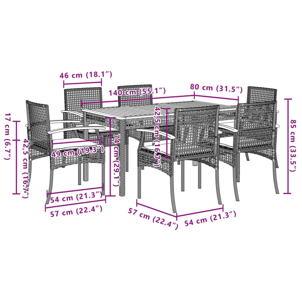 Set da Pranzo da Giardino 7 pz Nero con Cuscini in Polyrattan 3213563