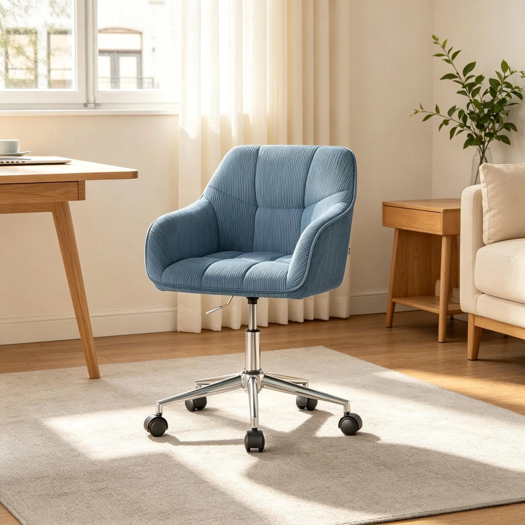 Sedia da Ufficio Girevole con Design Ergonomico, Altezza Regolabile e Braccioli, in Velluto a Coste e Metallo, Blu