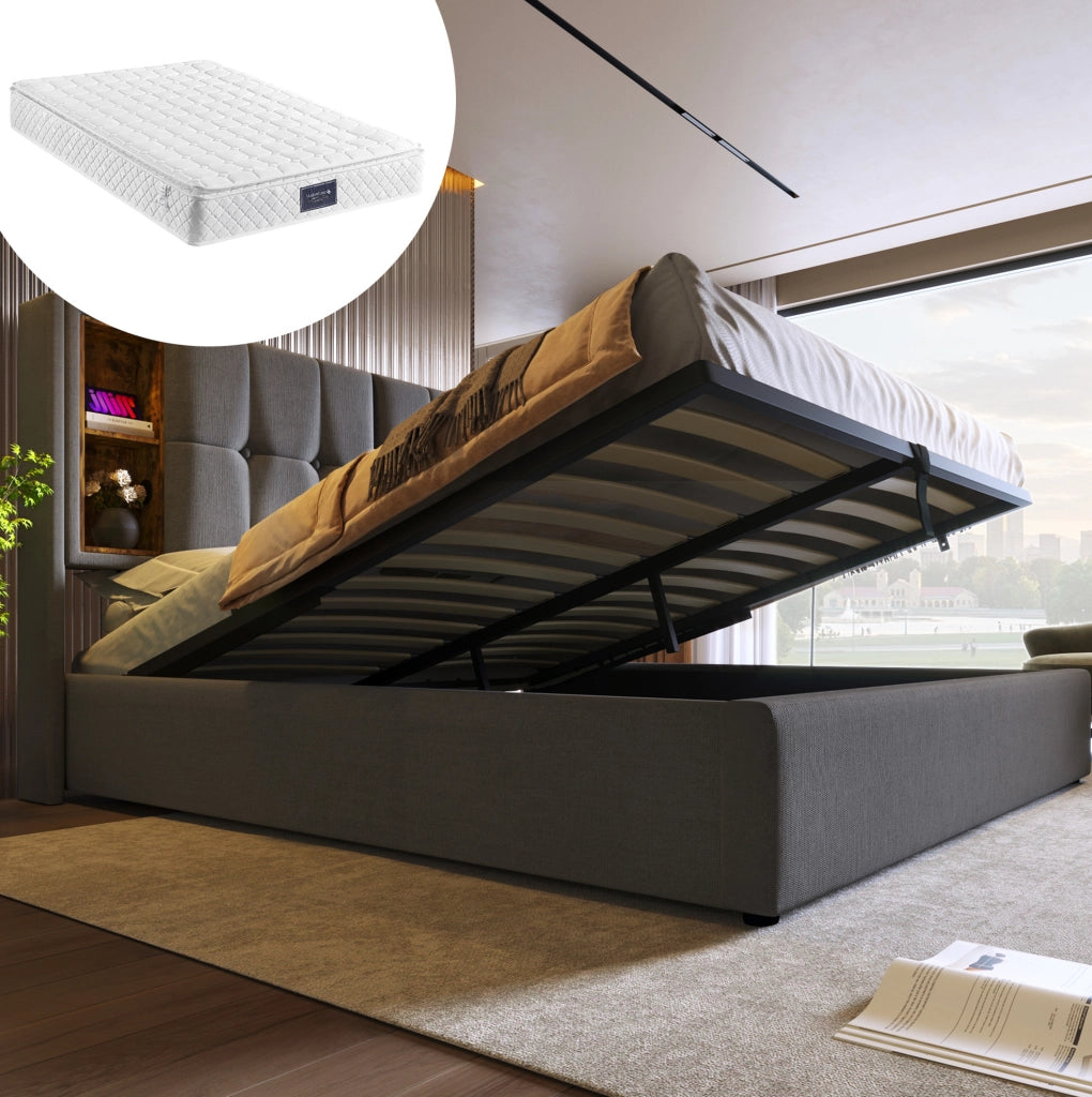 Letto matrimoniale imbottito 140x200 con ricarica wireless, USB e materasso incluso