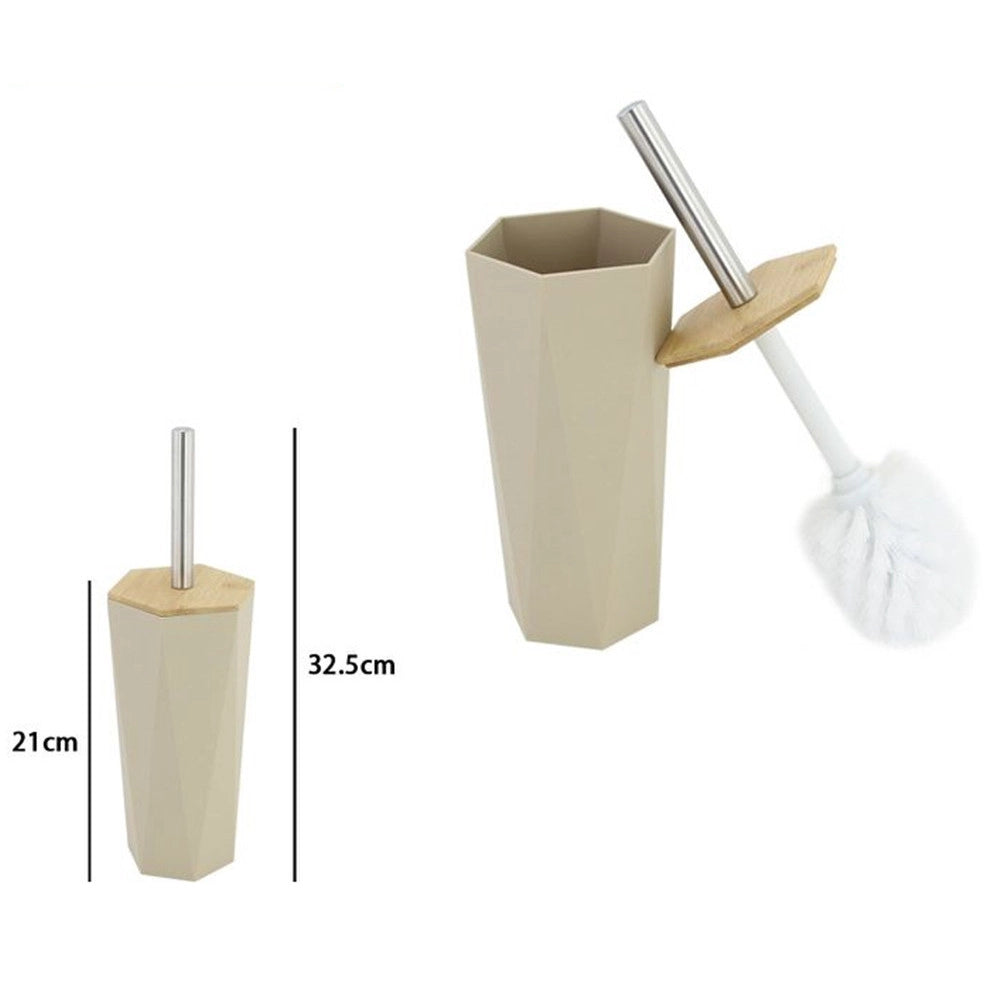 Trade Shop - Porta Scopino Esagonale Geometrico Beige Legno Con Scopettino Spazzolone Wc Bagno 10844 -