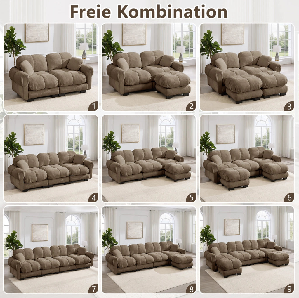Divano modulare in ciniglia marrone 260 × 86 × 90 cm