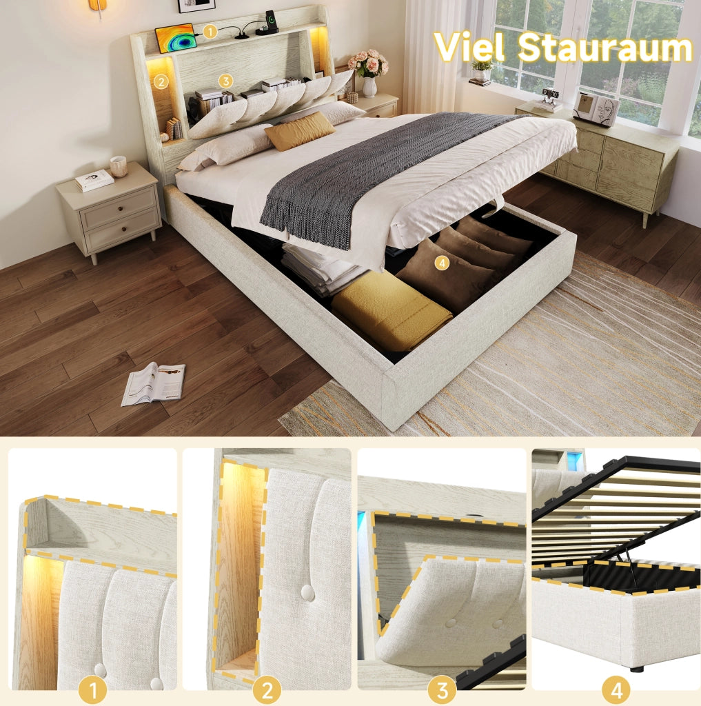 Letto imbottito 90x200 cm beige con LED, USB-C e vano contenitore