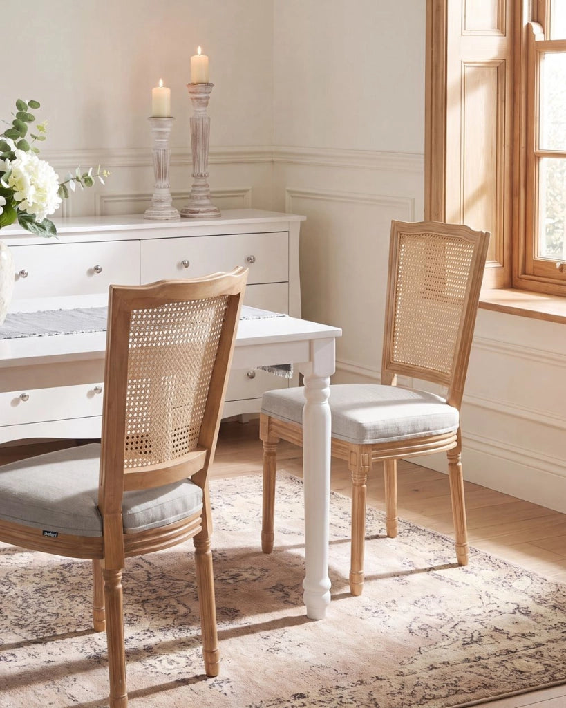 Set di 2 sedie da pranzo con struttura in legno e rivestimento in tessuto marrone chiaro e beige, in stile country francese vintage con intreccio viennese