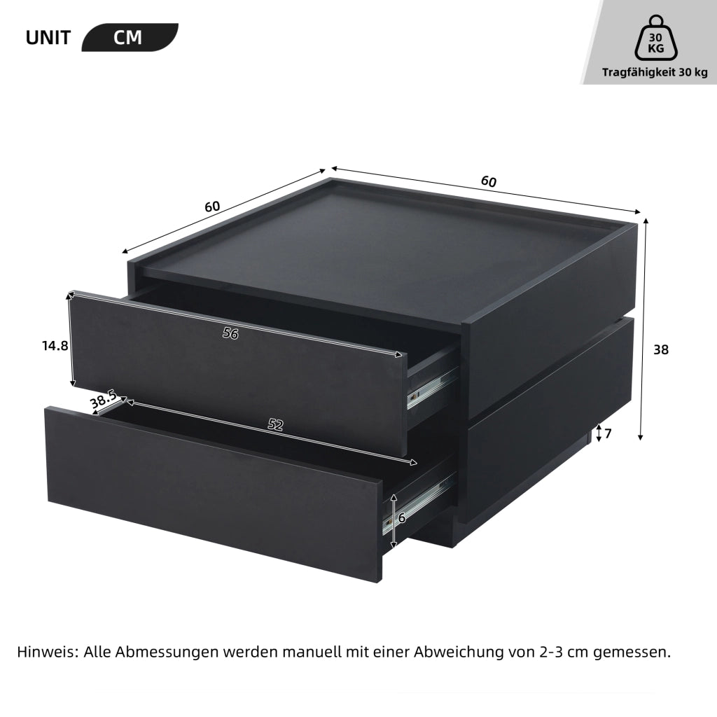 TAVOLINO DA CAFFÈ Girevole 360° 60x60x38 cm Nero con 2 Cassetti