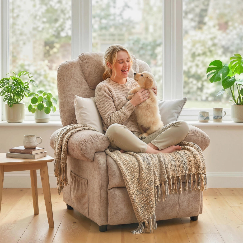 Poltrona Relax Reclinabile Manuale con Poggiapiedi in Tessuto Beige ¨C Minimal ¨C 100x100x90