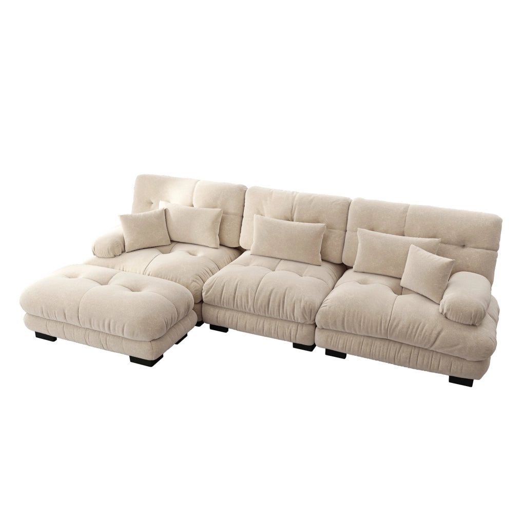 Divano angolare modulare in chenille vintage beige chiaro con pouf abbinato