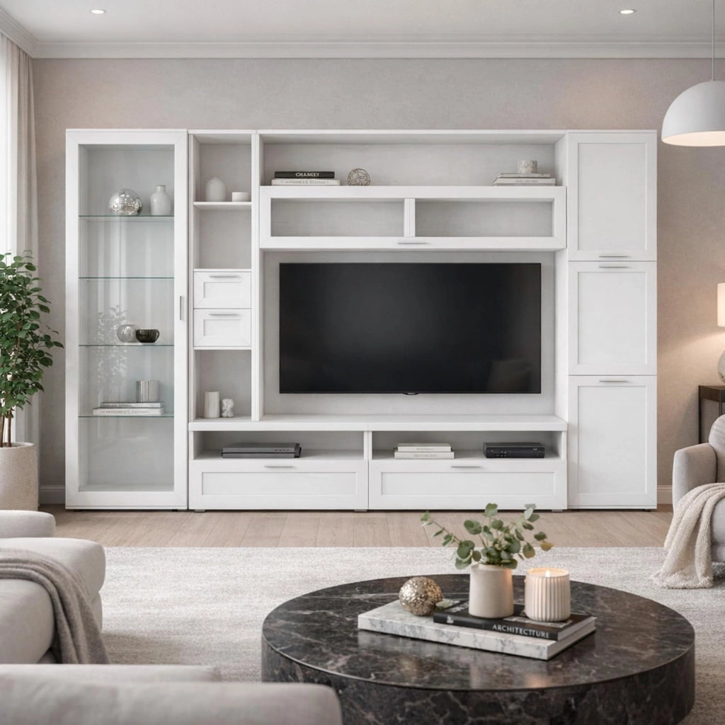 Parete Attrezzata Soggiorno Con Vetrina 6 Ante Battenti E 3 Ribalte Ampio Mobile Porta TV Con Ripiani In Design Moderno Per Zona Living Elegante Funzionale Minimal 300 X 50 X 215 Cm Bianco