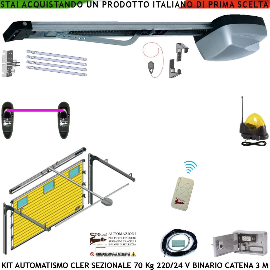 Kit Automatismo x Porta Sezionale 70 Kg da Soffitto 220/24 V Radiocomando Fotocellule Faro Antenna Binario Alluminio 3 Metri Catena 5,5 MT Sistema Autoreverse Blindino Cordino Sblocco Luce di Cortesia