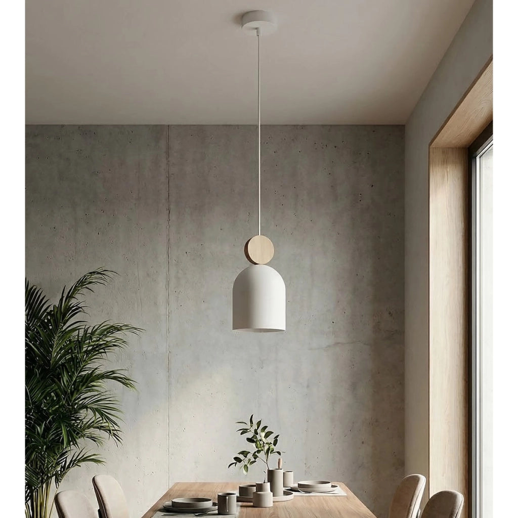 Lampada a sospensione Mesi in acciaio bianco opaco e legno