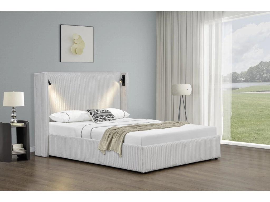 Letto matrimoniale in velluto a coste con cassettiera integrata e lampada "Cortina" - 160 x 200 cm - Beige
