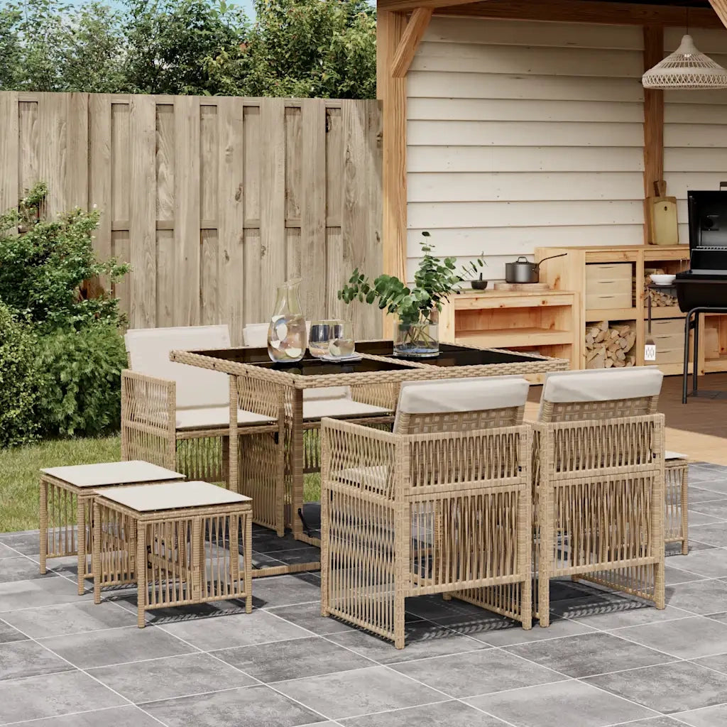 Set da Pranzo da Giardino 9 pz con Cuscini Beige in Polyrattan 3210958