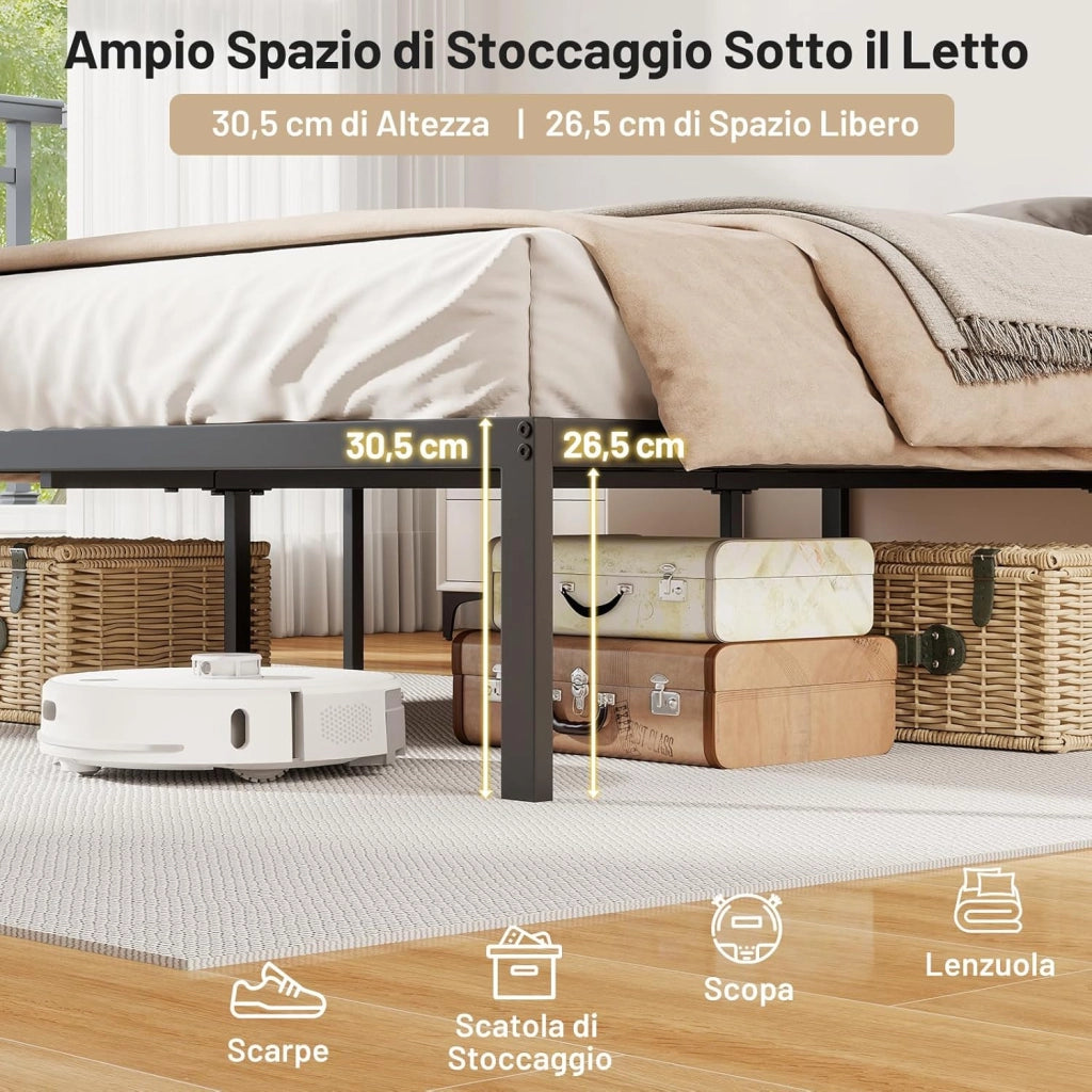 Struttura Letto 200x140cm, Letto Matrimoniale in Metallo con Doghe Resistenti, Spazio Sottostante per Conservazione, Non Serve Rete a Doghe, Silenzioso
