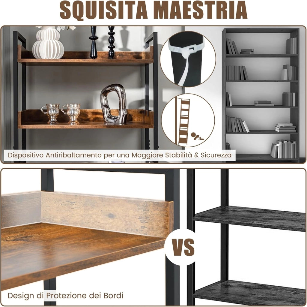 Scaffale a 6 Ripiani, Libreria Industriale Alta 177 cm con Ripiani Aperti e 4 Ganci, Scaffale Multifunzionale e Flessibile per Ufficio Soggiorno Camera da Letto e Cucina