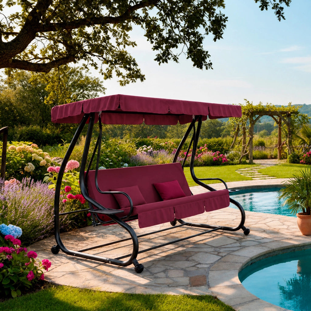 Dondolo 3 Posti Reclinabile Madeira Tettuccio Parasole Regolabile Cuscini Imbottiti Diventa Letto Struttura Robusta In Acciaio Verniciato Giardino Esterno Balcone Terrazzo 200 x 120 x 160 cm Bordeaux