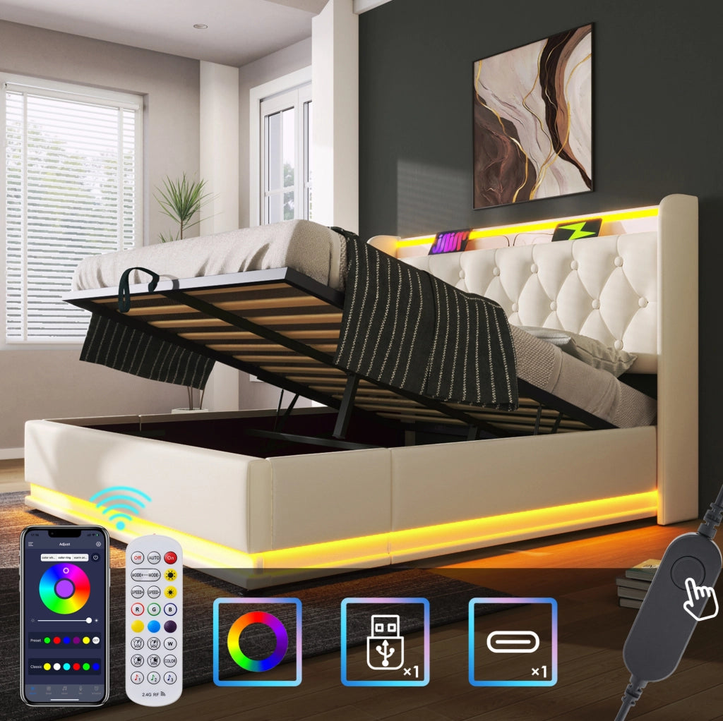 Letto matrimoniale 140x200 cm con LED, USB-C e materasso