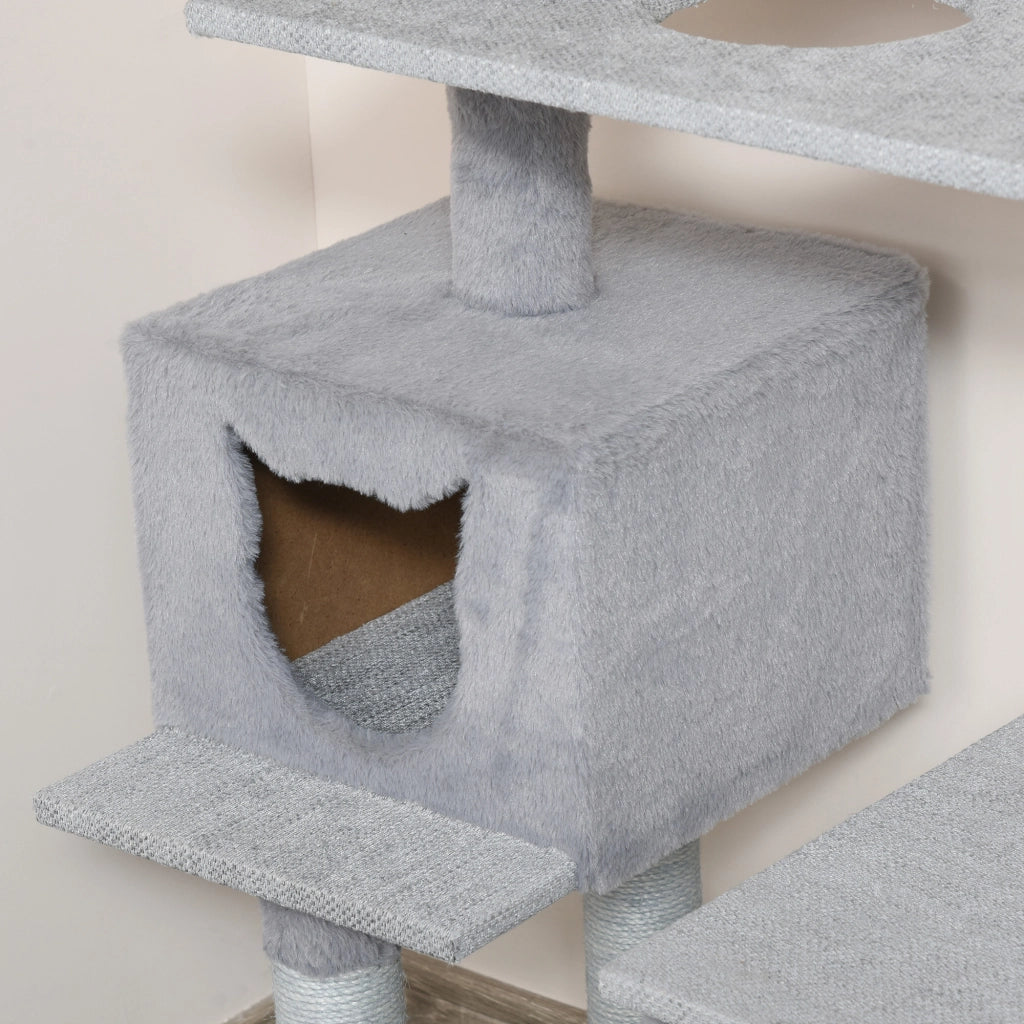 Tiragraffi per Gatti Multilivello con Casetta e Piattaforme ¨C Zephmum ¨C Grigio, Corda di Juta, 61x40x124