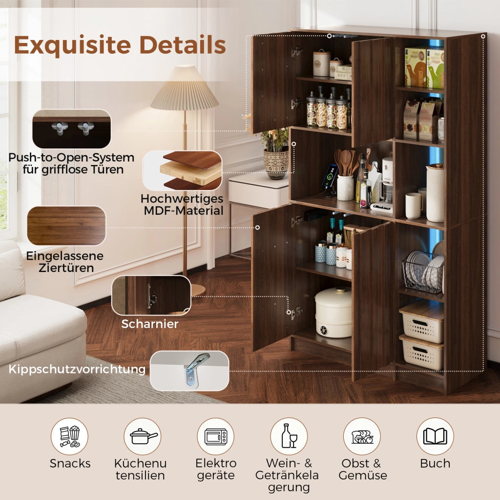 Mobile credenza da cucina con LED e presa elettrica, 2 ante e vani aperti per cucina e soggiorno, noce 105 × 40 × 180 cm