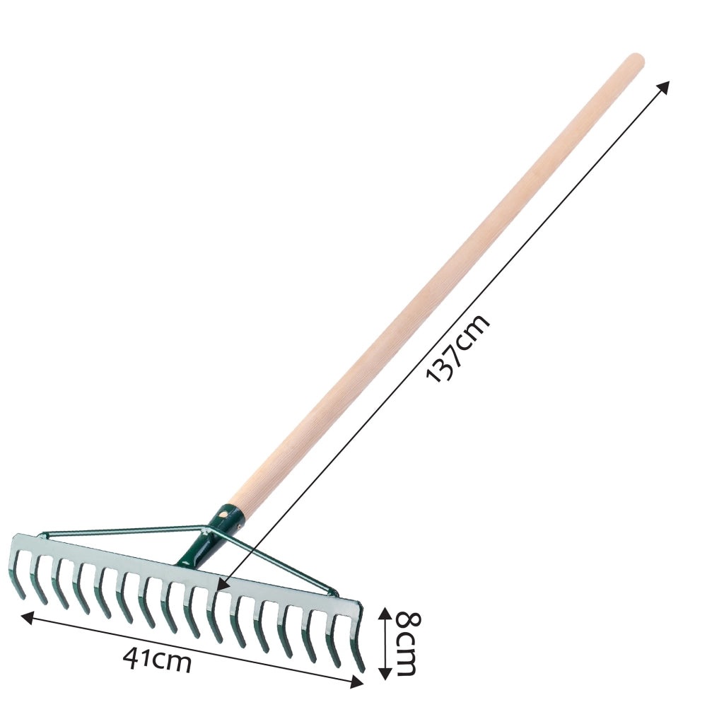 Rastrello per foglie KADAX, per giardino ed erba, con manico in legno, 137 cm, rastrello solido a 16 denti.