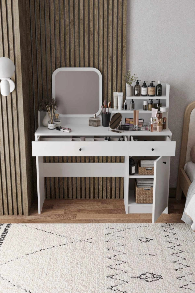 Comodino "Harmony Square" con specchio quadrato in legno - 124 x 40 x 135 cm - Bianco