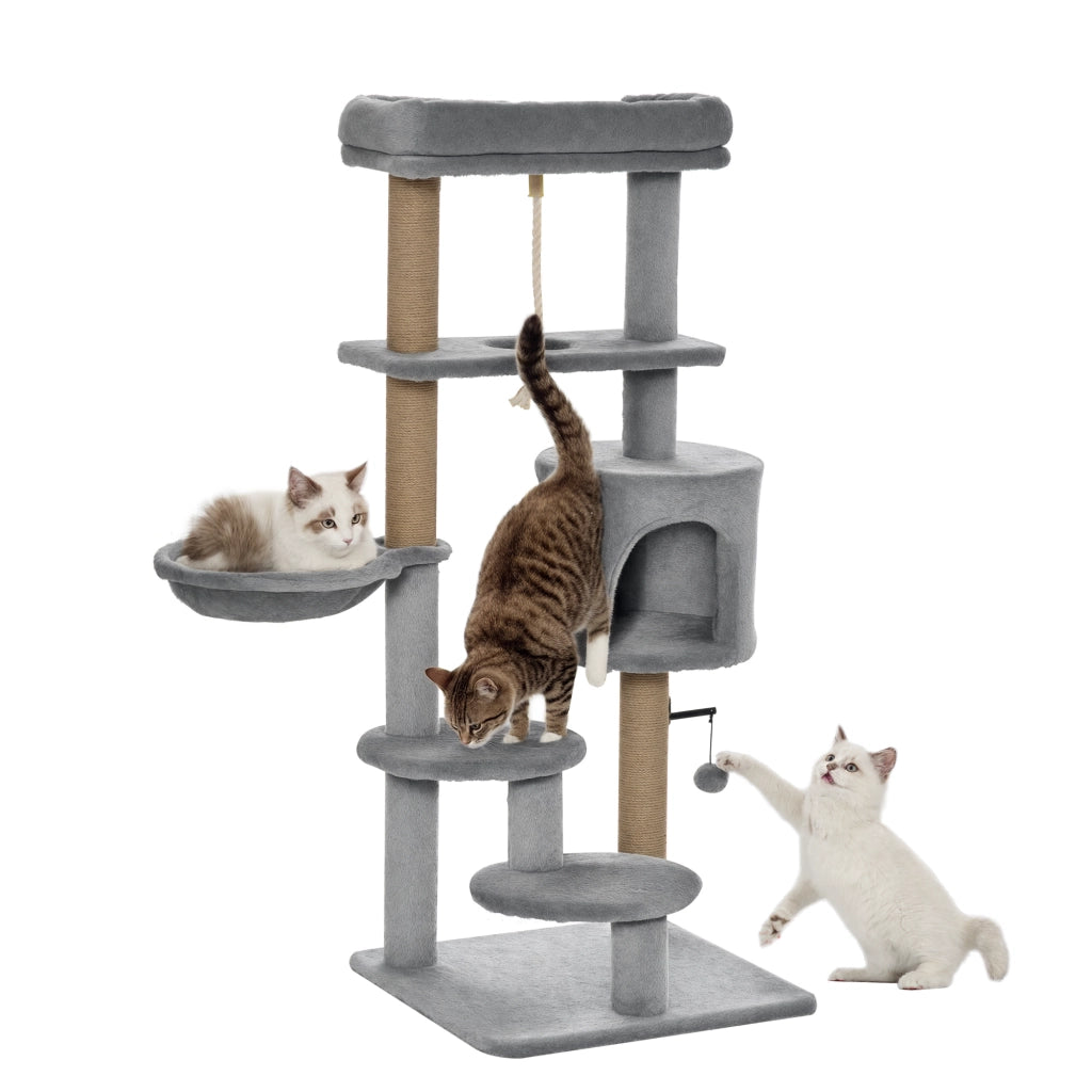 Albero tiragraffi per gatti con piattaforme, amaca e tana ¨C zephmum ¨C grigio 48x48x120 cm