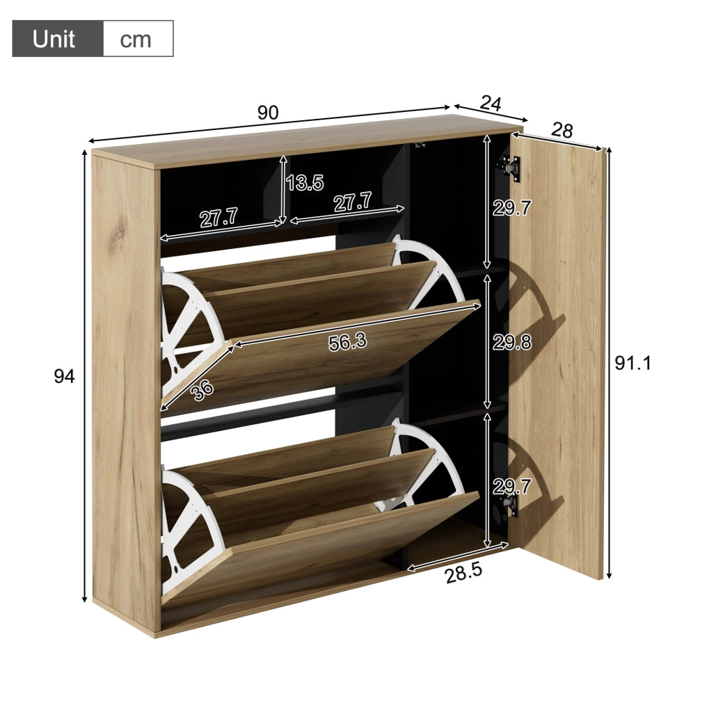 Armadio scarpiere sottile con 2 ribalte e 1 anta, ripiani regolabili, design legno e nero, 90x24x94 cm