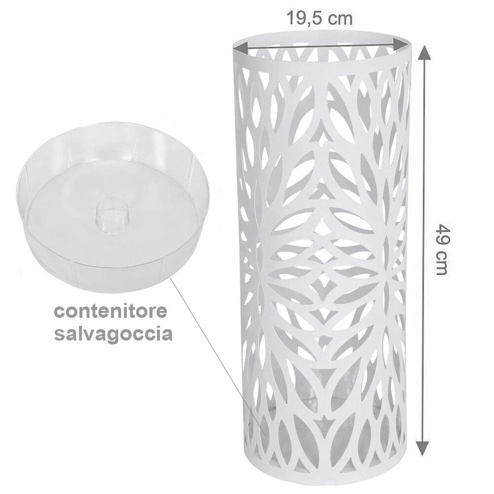 Portaombrelli in Metallo Design Rotondo Stand Bianco Vaschetta Salvagoccia